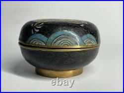 Antique Chinese Qing Republic Black Enamel Cloisonne Dragon Round Box