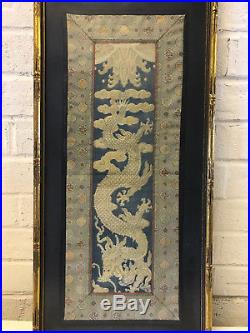 Antique Chinese Qing / Republic Framed Embroidered Textile Gold 5 Claw Dragon