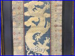 Antique Chinese Qing / Republic Framed Embroidered Textile Gold 5 Claw Dragon