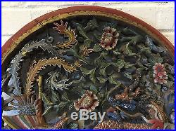 Antique Chinese Qing / Republic Polychrome Wood Carving with Phoenix & Dragon Dec