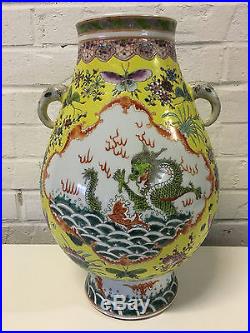 Antique Chinese Qing Republic Porcelain Vase 5 Claw Dragon Fish Bats Kangxi Mark