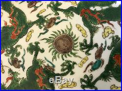 Antique Chinese Qing / Republic Signed Porcelain Plate with Green 5 Claw Dragons