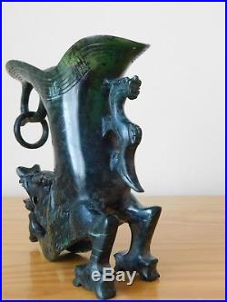 Antique Chinese Qing Spinach Green Jade Dragon Cup