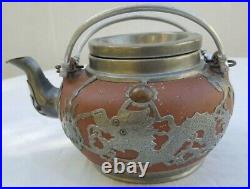 Antique Chinese Qing Teapot with Pewter Dragon Mounts Red Yixing Clay Stoneware