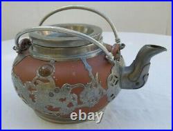Antique Chinese Qing Teapot with Pewter Dragon Mounts Red Yixing Clay Stoneware