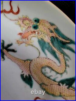 Antique Chinese Raised Enamel Dragon Plate Taza Famille Rose Qing Dynasty Rare