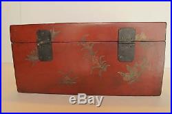 Antique Chinese Red Alter Box/Jewelry Chest Gilt Carved Figures & Gold Dragons
