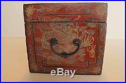 Antique Chinese Red Alter Box/Jewelry Chest Gilt Carved Figures & Gold Dragons