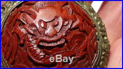 Antique Chinese Red Cinnabar Dragon Brooch/pendant Ornamental Brass Border Trim
