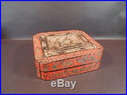 Antique Chinese Red and Black Lacquer box with Gilt panel dragons! 10 inches