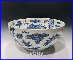 Antique Chinese Republic 13 Large Blue and White Dragon Porcelain Punch Bowl