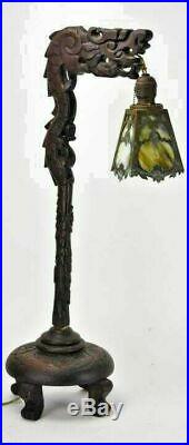 Antique Chinese Rosewood Figural Dragon Lamp With Slag Glass Shade