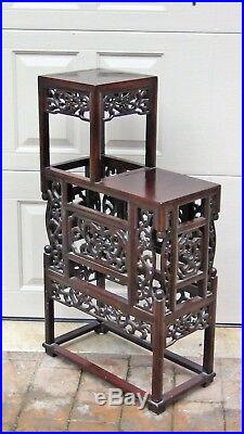 Antique Chinese Rosewood Handcarved Pierced Dragon Step Tansu Plant Stand #2