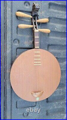 Antique Chinese Ruan Moon Wood Guitar Yueqin Banjo Carved Dragon Handle Vtg