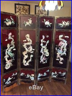 Antique Chinese Screen Room Divider Mother Of Pearl Black Red Lacquer Dragon
