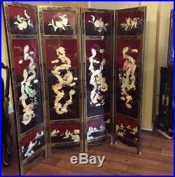 Antique Chinese Screen Room Divider Mother Of Pearl Black Red Lacquer Dragon