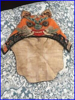 Antique Chinese Silk Embroidered Dragon Childs Festival Hat Embroidered Ornate