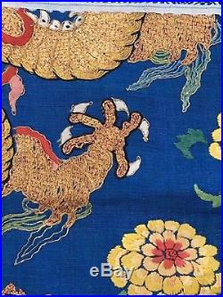 Antique Chinese Silk Embroidered Dragon Robe Section Gold Thread Blue Silk