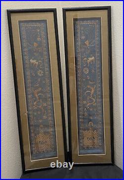 Antique Chinese Silk Embroidered Framed Panels Dragon Phoenix Gold On Green Set