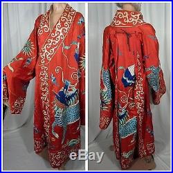 Antique Chinese Silk Embroidered Kimono Robe Coat Red Dragons Lucky Clouds