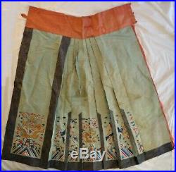 Antique Chinese Silk Embroidered Skirt Panel. 5 Claw Imperial Dragons, 19th c