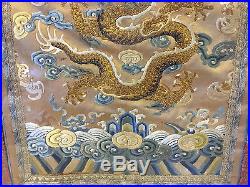 Antique Chinese Silk Embroidered Textile Gold 5 Claw Dragon Waves & Bats Dec
