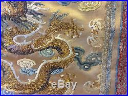 Antique Chinese Silk Embroidered Textile Gold 5 Claw Dragon Waves & Bats Dec