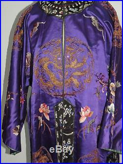 Antique Chinese Silk Hand Embroidered Robe w Metallic Gold Couched Dragons