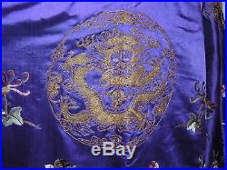 Antique Chinese Silk Hand Embroidered Robe w Metallic Gold Couched Dragons