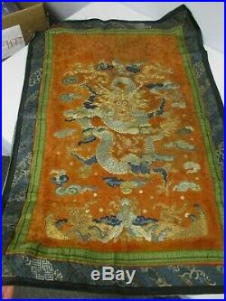 Antique Chinese Silk Hand Embroidery Blue Gold Dragon 20 X 29 1/2