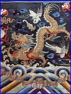 Antique Chinese Silk Hand Embroidery Qing Dynasty Dragon Robe Piece 20 By 24
