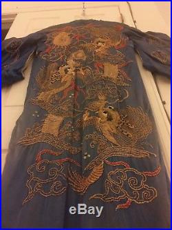 Antique Chinese Silk Kimono Embroidered Dragon Heads, Clouds & Flames Silk Lined