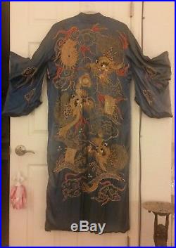 Antique Chinese Silk Kimono Embroidered Dragon Heads, Clouds & Flames Silk Lined