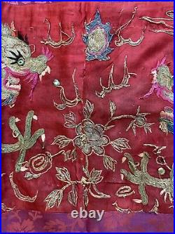 Antique Chinese Silk Qing Dynasty Hand Embroidery Dragon Panel 54 X 185 Cm