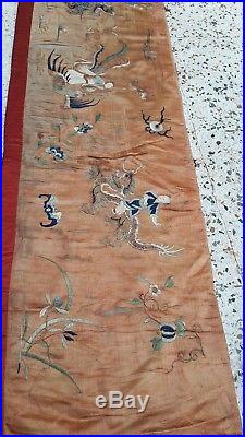Antique Chinese Silk Qing Dynasty Times Art Textile Rare Wall Hang dragon foo