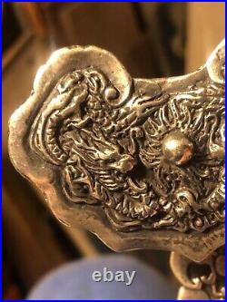 Antique Chinese Silver Belt Hook Or Garment Hook Or Other Item With Bats Dragons