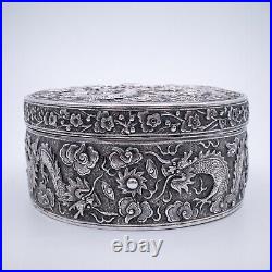 Antique Chinese Silver Box With Dragons Chasing Flaming Pearls. Marked He Zhen