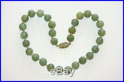 Antique Chinese Silver Carved Green 13 mm Jadeite Jade Crouching Dragon Necklace