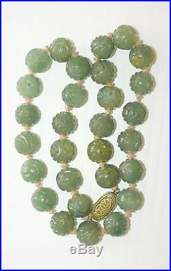 Antique Chinese Silver Carved Green 13 mm Jadeite Jade Crouching Dragon Necklace