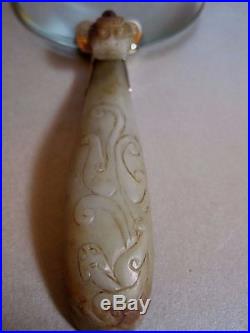 Antique Chinese Silver & Carved Jade Belt Buckle Dragon Magnifying Glass