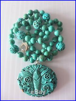 Antique Chinese Silver Carved Turquoise Butterfly Pendant Dragon Bead Necklace