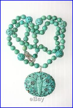 Antique Chinese Silver Carved Turquoise Butterfly Pendant Dragon Bead Necklace