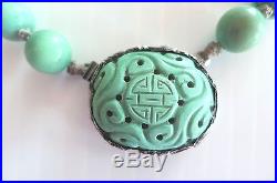 Antique Chinese Silver Carved Turquoise Crouching Dragon Pendant Necklace