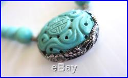 Antique Chinese Silver Carved Turquoise Crouching Dragon Pendant Necklace