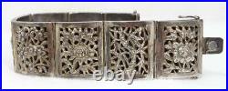 Antique Chinese Silver Cutout Pierced Shadowbox Dragon Florals 8 Panel Bracelet