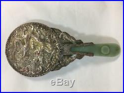 Antique Chinese Silver Dragon with Carved Green Jade Handle Belt Hook Hand Mirror