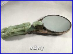 Antique Chinese Silver Dragon with Carved Green Jade Handle Belt Hook Hand Mirror