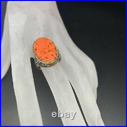 Antique Chinese Silver Enamel Coral carved Dragon Ring