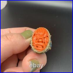 Antique Chinese Silver Enamel Coral carved Dragon Ring