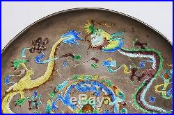 Antique Chinese Silver & Enamel Dragon Dish / 1880-1910